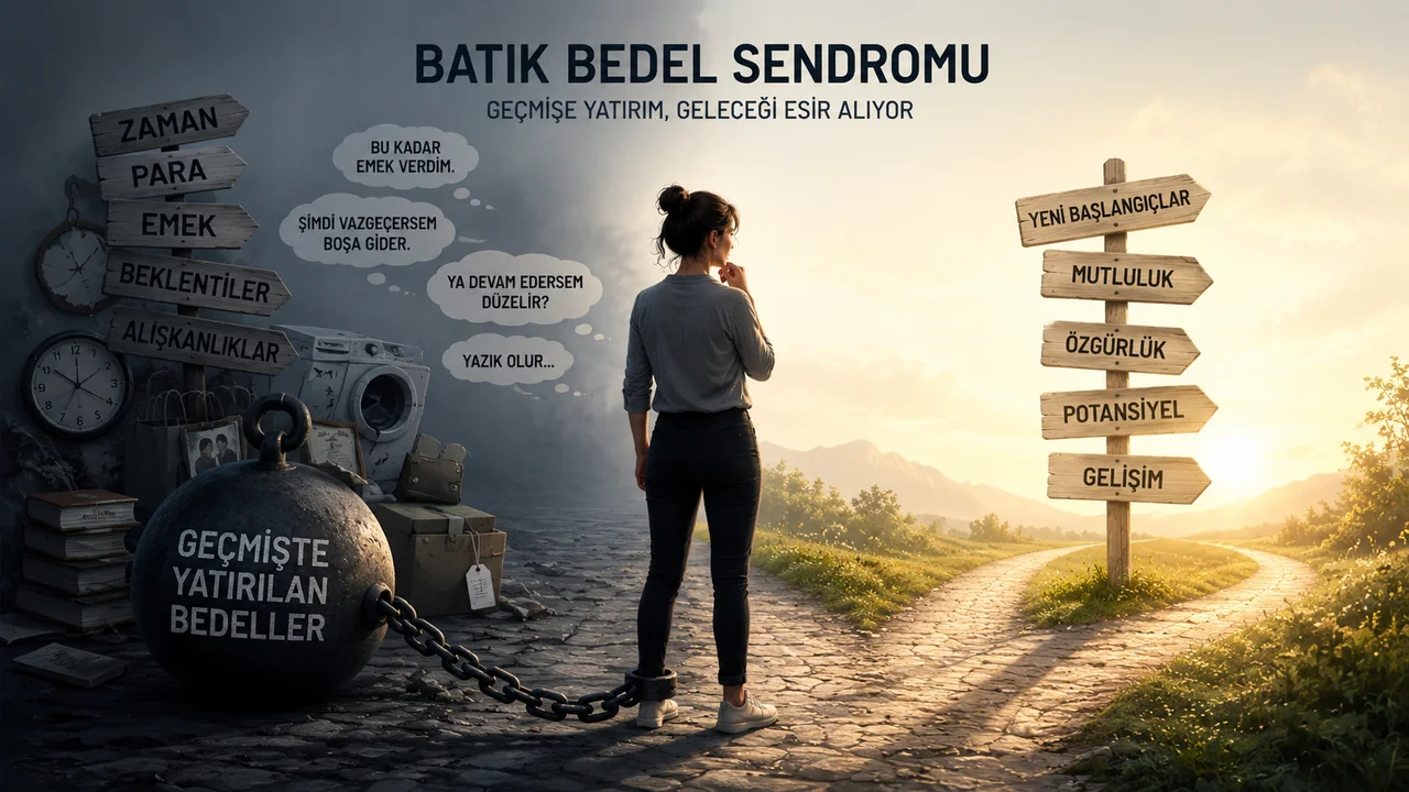 Batık Bedel Sendromu'nu simgeleyen kavramsal illüstrasyon. Geçmişte harcanan zaman, emek ve beklentilerin geleceğe dair kararları nasıl etkileyebileceğini anlatan psikoloji temalı görsel.
