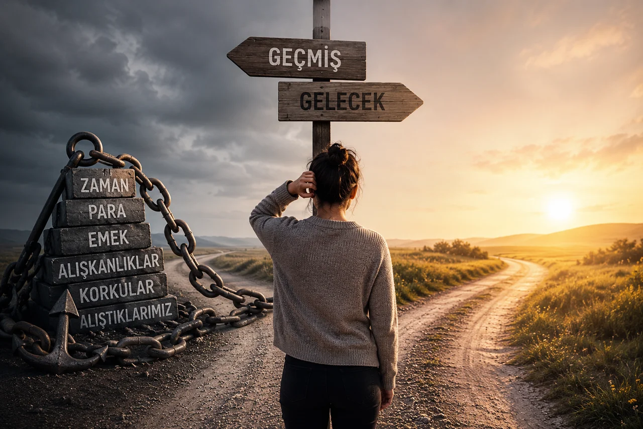 Geçmişin yükü ile geleceğin sunduğu yeni başlangıçlar arasında seçim yapmayı simgeleyen kavramsal illüstrasyon. Batık Bedel Sendromu'nun karar alma süreçleri üzerindeki etkisini temsil eden psikoloji temalı görsel.