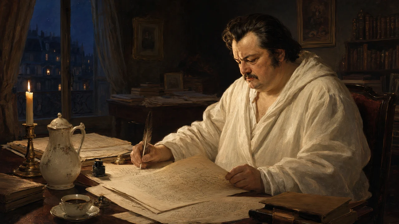 Honoré de Balzac gece çalışma masasında el yazmaları üzerinde çalışırken
