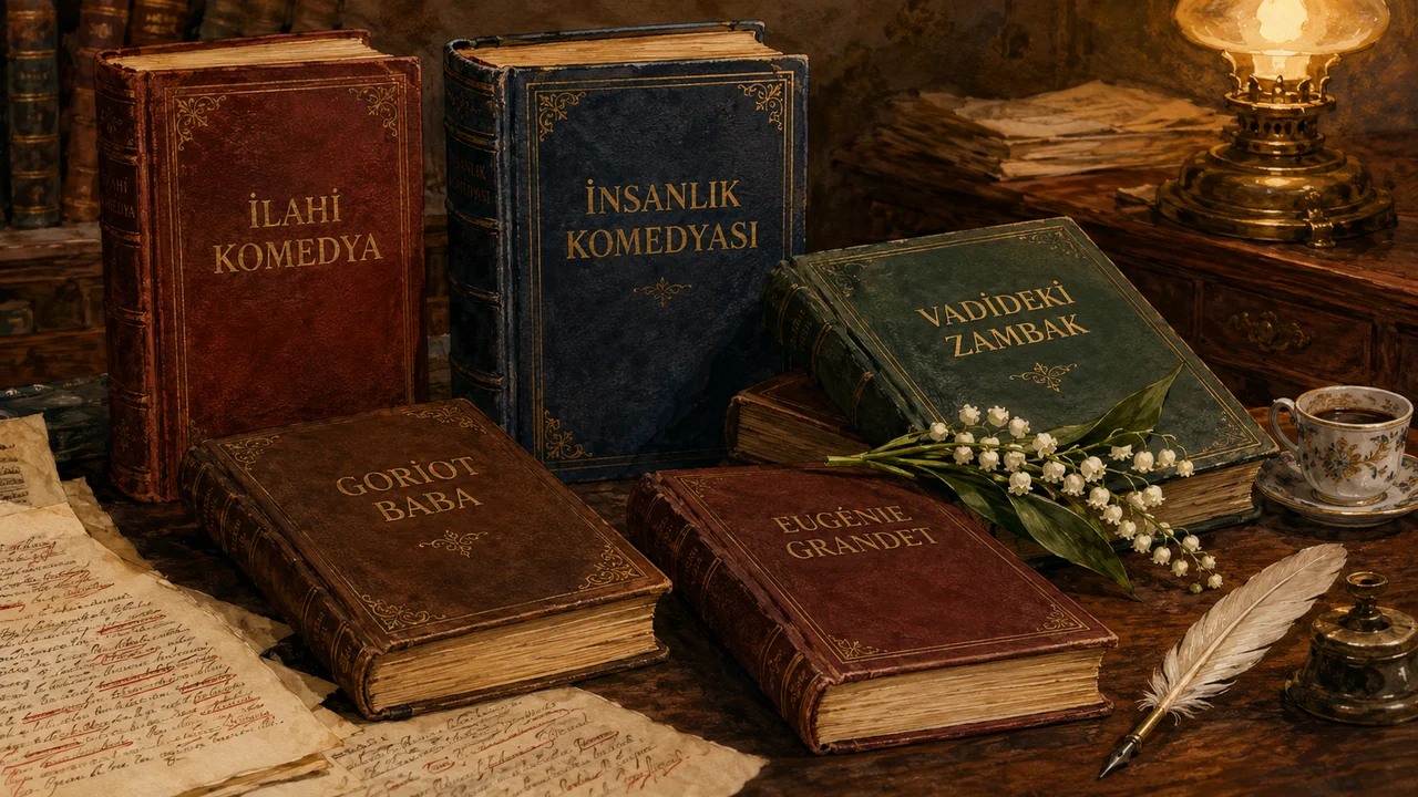 Honoré de Balzac’ın Goriot Baba, Eugénie Grandet, Vadideki Zambak ve İnsanlık Komedyası eserlerini temsil eden eski kitaplar