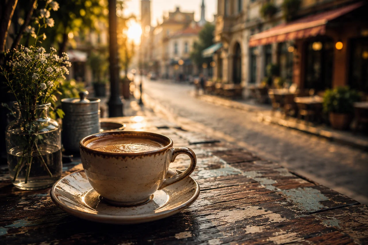 Sabah güneşinin aydınlattığı eski bir kafe masasında duran kahve fincanı; yavaşlamanın ve şehrin uyanışını izlemenin simgesi.