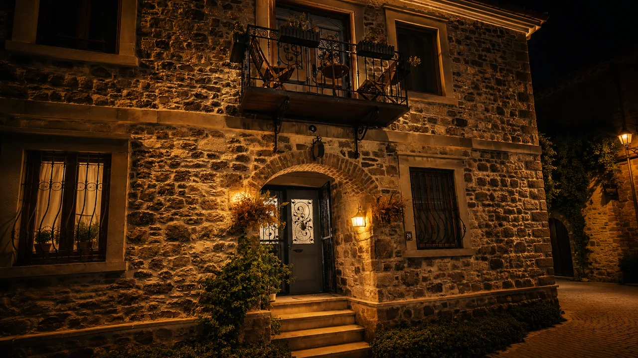 Ayvalık Küçükköy'de restore edilmiş tarihi taş konağın gece aydınlatmaları altında görülen taş cephesi ve ferforje balkon detayı.