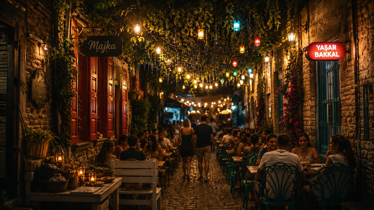 Ayvalık Küçükköy'de taş evlerin arasında uzanan tarihi sokak, açık hava kafeleri, renkli fenerler ve akşam kalabalığıyla canlı gece atmosferi.