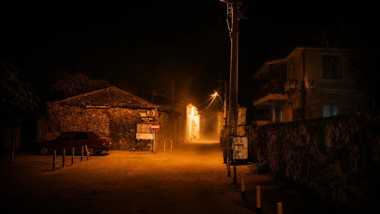 Ayvalık Küçükköy'de ziyaretçilerin araçlarını bıraktığı giriş alanı, taş yapılar ve loş sokak aydınlatmalarıyla gece atmosferi.